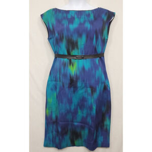 Elie Tahari Shift Dress Silk Blend Women 10 Watercolor Blue Front Belt Back Zip